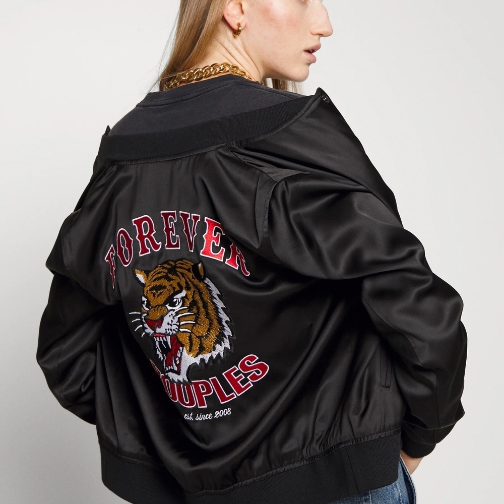 Reversible Black Bomber Jacket with Tiger Embroidery